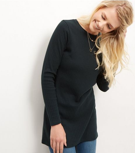 Dark Green Brushed Ribbed Longline Top | New Look