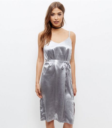 Silver Metallic Sateen Belted Slip Dress | New Look