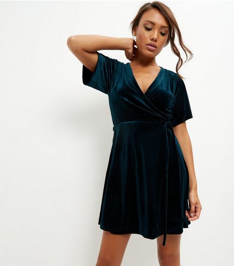 Dark Green Velvet Wrap Front Dress | New Look