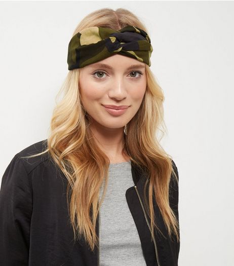 Khaki Camo Print Turban Headband | New Look