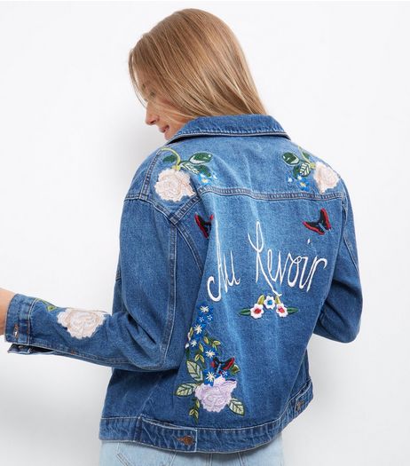 Blue Au Revoir Floral Embroidered Denim Jacket | New Look