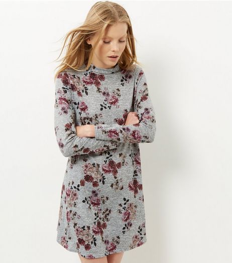 Light Grey Floral Print Funnel Neck Swing Dress | New Look