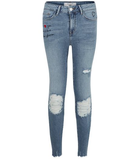 Petite Blue Sorry Not Sorry Print Ripped Skinny Jeans | New Look