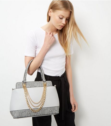 Grey Snakeskin Panel Chain Strap Tote Bag | New Look