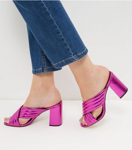 Bright Pink Cross Strap Heeled Mules | New Look