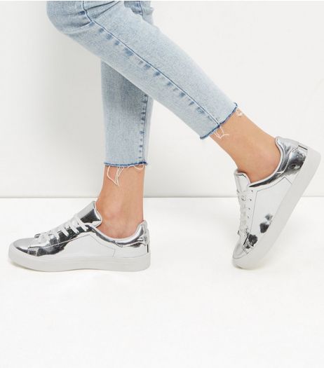 Silver Patent Lace Up Sneakers | New Look