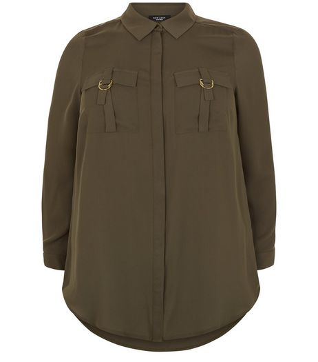 Curves Khaki Pocket Long Sleeve Shirt | New Look