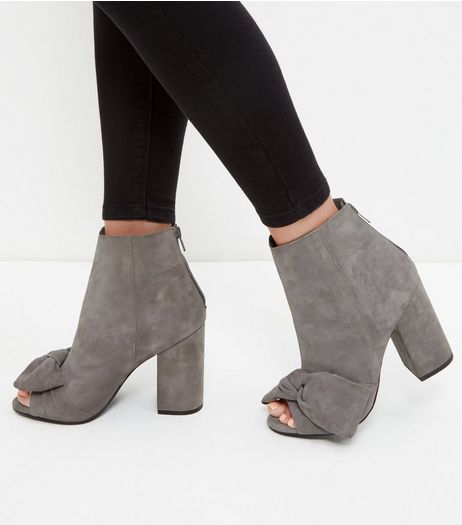 Grey Premium Leather Bow Peep Toe Block Heel Boots | New Look