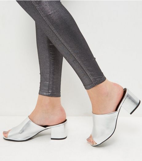 Wide Fit Silver Peep Toe Mules | New Look