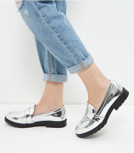 Wide Fit Silver Chunky Loafers | New Look