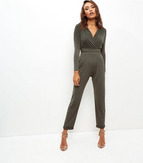 Khaki Wrap Front Long Sleeve Jumpsuit | New Look