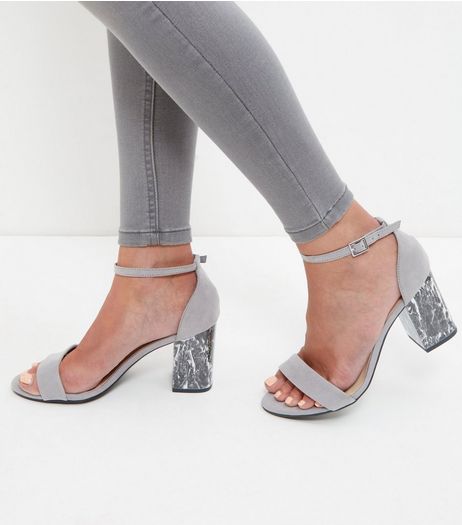 Wide Fit Grey Marble Block Heels | New Look