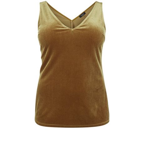 Curves Olive Green Velvet V Neck Vest | New Look