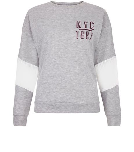 Teens Grey Mesh Sleeve Baseball Sweater | New Look