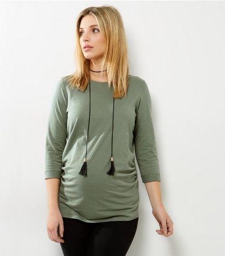 Maternity Khaki Rolled 3/4 Sleeve T-Shirt | New Look