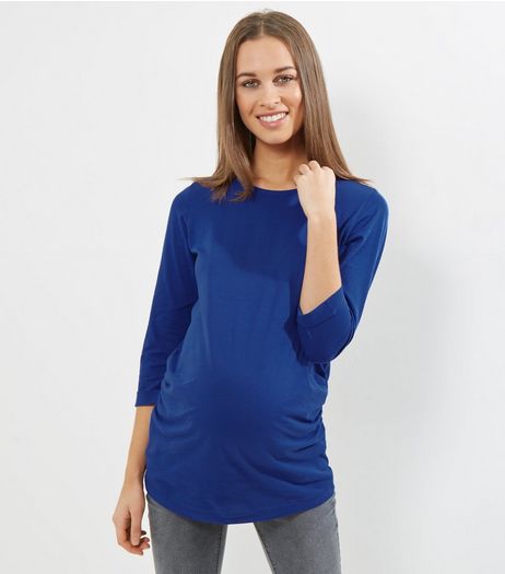 Maternity Blue Rolled 3/4 Sleeve T-Shirt | New Look