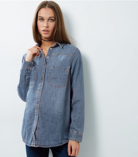 Maternity Blue Denim Double Pocket Shirt | New Look