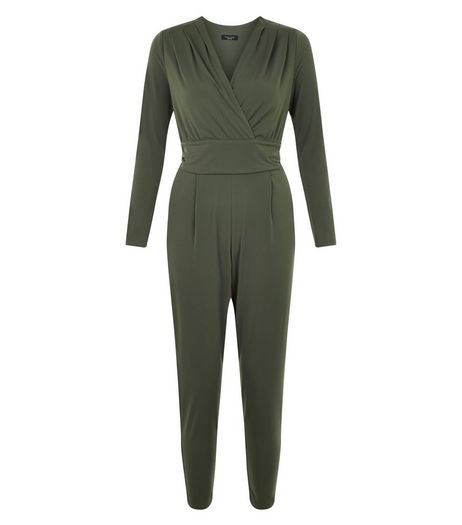 Petite Khaki Wrap Front Long Sleeve Jumpsuit | New Look