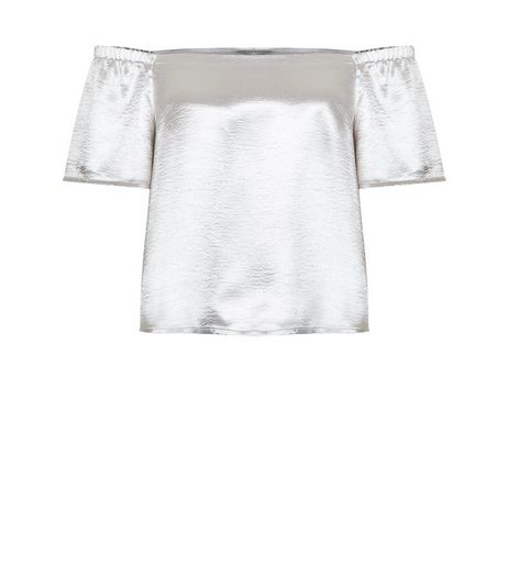 Petite Silver Satin Bardot Neck Top | New Look