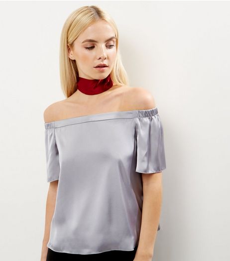 Petite Silver Sateen Bardot Neck Top | New Look