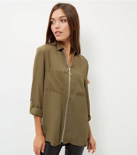 Khaki Zip Front Double Pocket Shirt | New Look