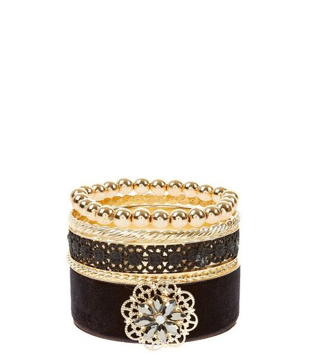 4 Pack Black Velvet And Lace Bangles | New Look
