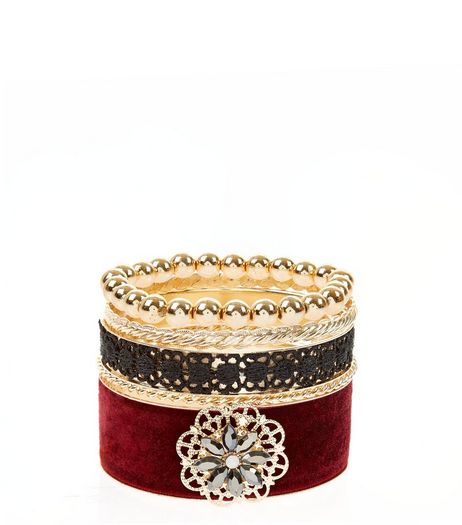 4 Pack Red Velvet And Lace Bangles | New Look
