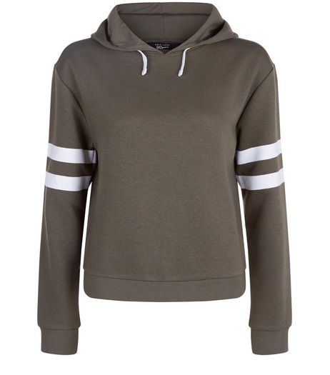 Teens Khaki Stripe Sleeve Hoodie | New Look
