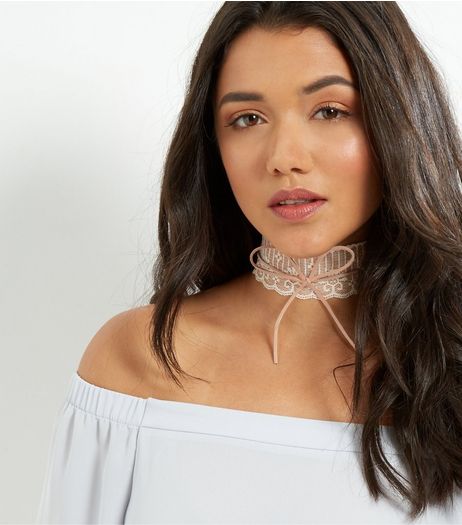 Shell Pink Lace And Ribbon Choker | New Look