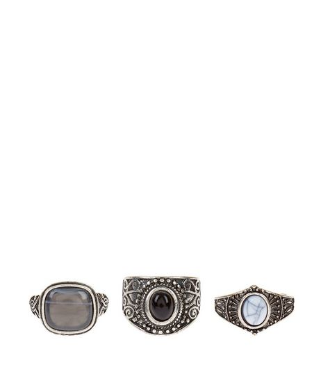3 Pack Silver Stone Rings | New Look