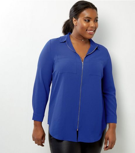 Curves Blue Zip Front Double Pocket Shirt | New Look