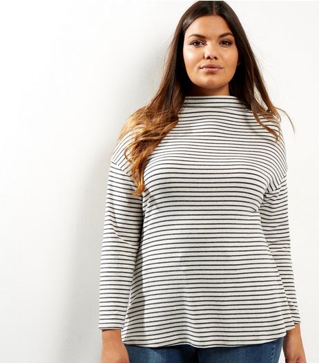 Curves Light Grey Stripe Brushed Funnel Neck Top | New Look