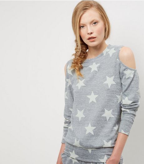Grey Star Print Cold Shoulder Sweater | New Look