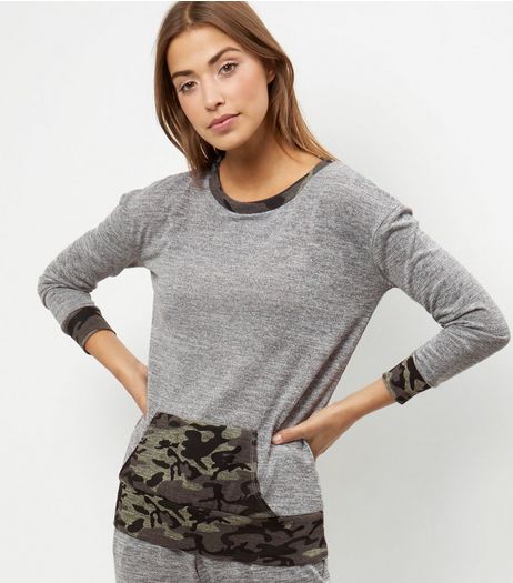 Grey Camo Print Trim Front Pocket Sweater | New Look
