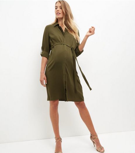 Maternity Khaki Tie Waist Shirt Dress | New Look