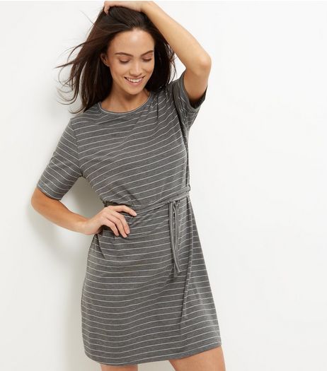 Light Grey Stripe Tie Waist Tunic Dress | New Look