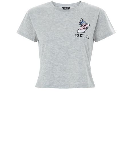 Teens Grey Embroidered Selfie Print T-Shirt | New Look