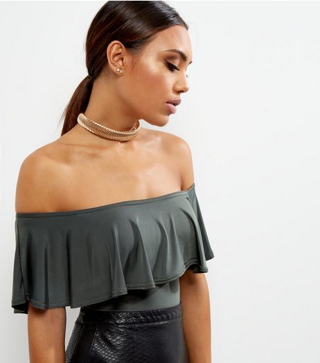 Khaki Bardot Neck Frill Trim Bodysuit | New Look