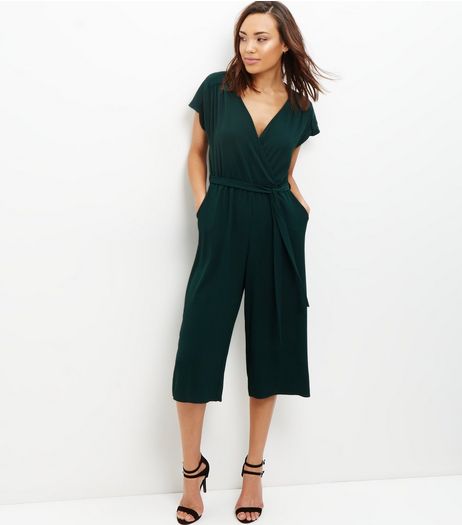 Dark Green Wrap Front Culotte Jumpsuit | New Look