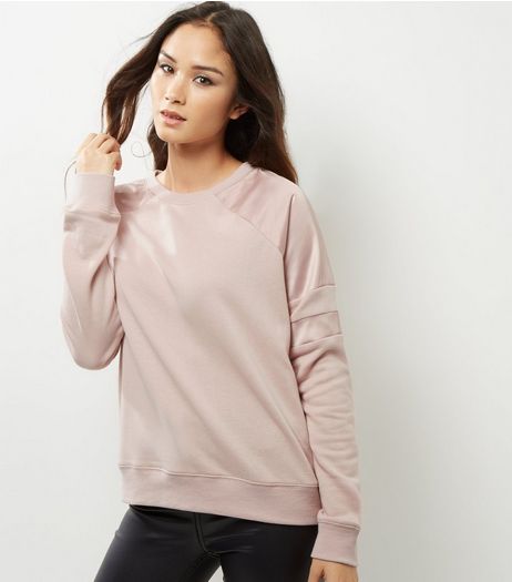 Shell Pink Sateen Stripe Sleeve Sweater | New Look