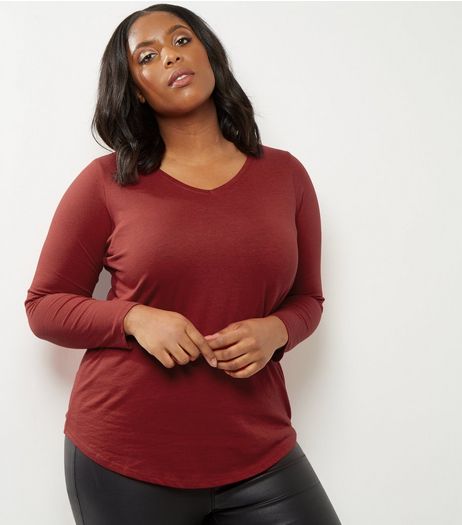 Curves Red V Neck Long Sleeve Top | New Look