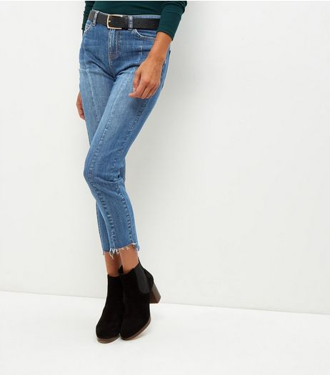 Blue Seam Trim Step Hem Straight Leg Jeans | New Look