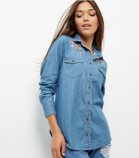 Blue Floral Embroidered Denim Shirt | New Look
