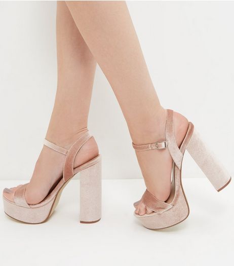 Pink Velvet Ankle Strap Platform Block Heels | New Look