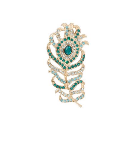 Green Diamante Peacock Feather Brooch | New Look