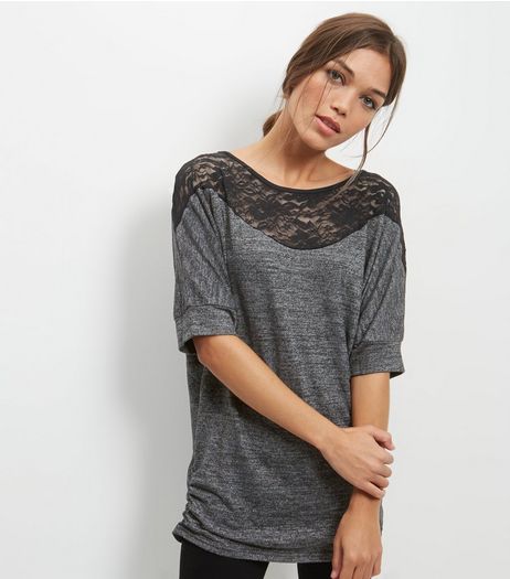 Mela Grey Lace Detail Longline Batwing Top | New Look