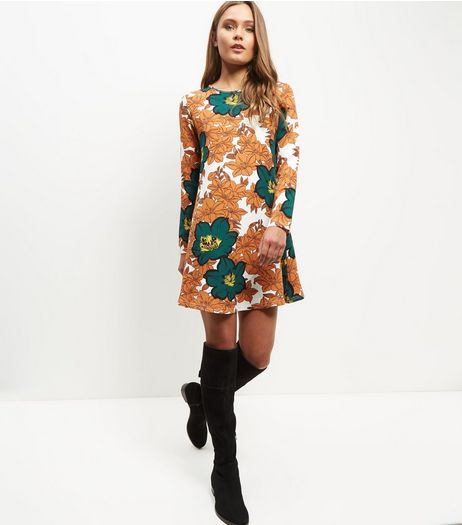Mela Orange Floral Print Shift Dress | New Look