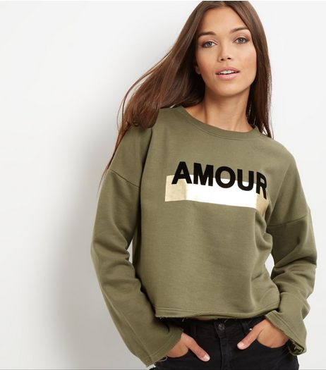 Khaki Amour Print Foil Panel Sweater | New Look