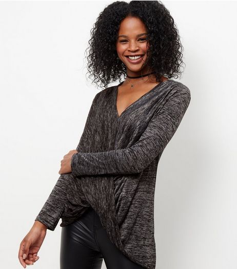 Mela Grey V Neck Knot Front Jumper | New Look