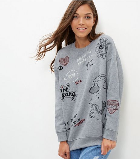 Grey Graffiti Embroidered Sweater | New Look